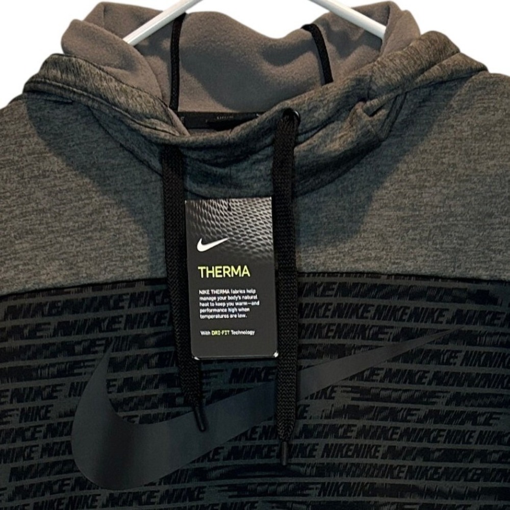 Nike Therma Hoodie Medium Men's Grey Black Graphic Swoosh Dri-FIT NEW with Tags